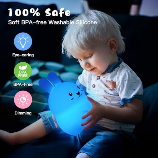 Schattig konijntje nachtlampje voor kinderen - 9 kleuren - USB oplaadbaar dimbaar kinderlampje met afstandsbediening — afbeelding 2