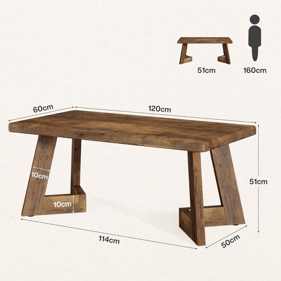 Afmetingen van een bruine houten salontafel: 120 cm breed, 60 cm diep en 51 cm hoog. De poot heeft een dikte van 10 cm.