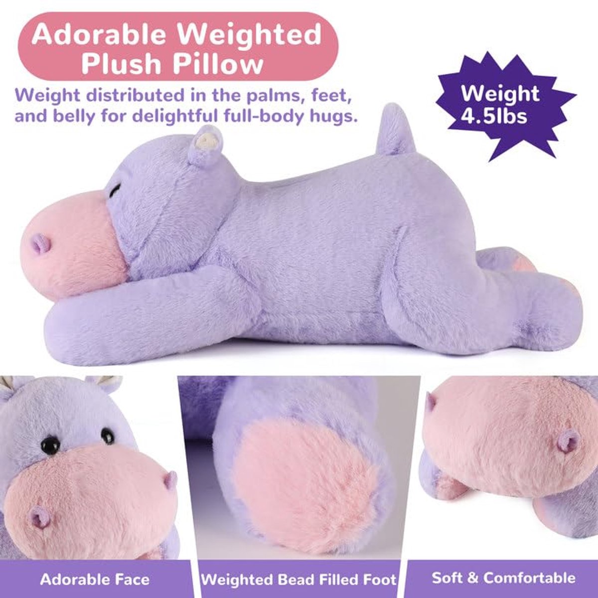 Grote Gewogen Knuffeldier - 52 Inch 2kg Zachte Hippo - Comfortabel Knuffel Kussen - Perfecte Cadeau voor Kinderen