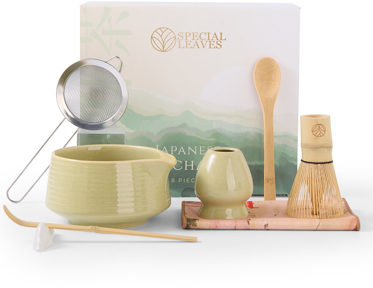 Special Leaves® Matcha Set - Groen - 8-delig - Japanse Matcha Thee Set - Matcha Klopper, Matcha Kom, Lepel, Zeef, Houder & Accessoires - Origineel Moederdag Cadeau