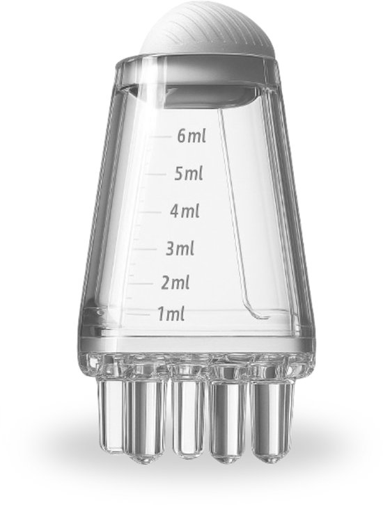 Doorzichtige olie applicator met duidelijke ml-markeringen (1-6 ml) en een witte dop.