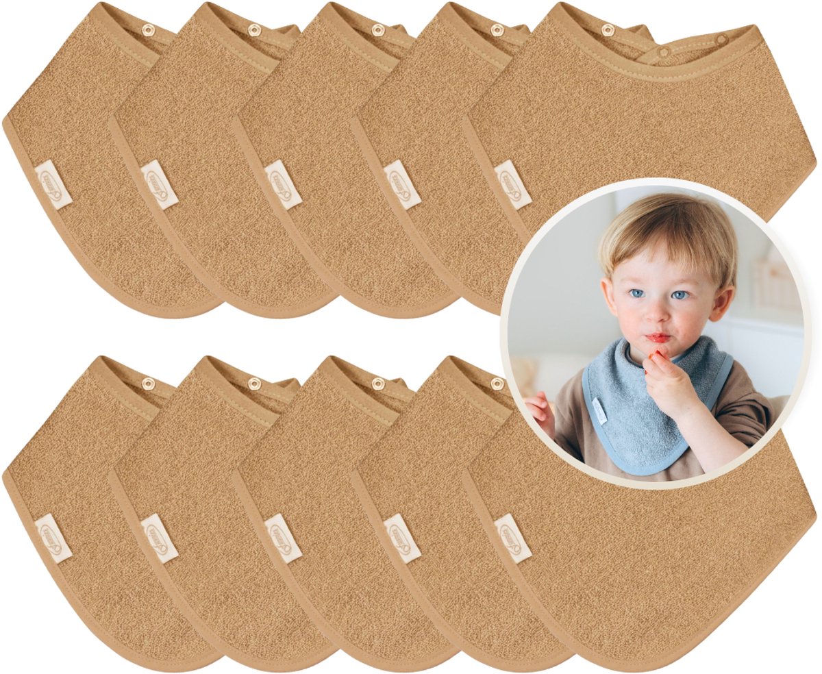 Funnies Bandana Slabbetjes 10 Stuks Sand - Set van 10 Zachte Slabbetjes - Kwijldoekjes - Spuugdoekjes - Gemaakt van 100% Katoenen Badstof - Absorberend, Zacht en Makkelijk Wasbaar - Ideaal voor Baby’s bij Voeden, Kwijlen en Spugen