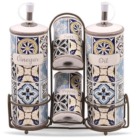 Maestro MR-20005-04S - Keramische kruidenpot set met standaard - 5 elementen - Inhoud 2x100ml en 2x300ml