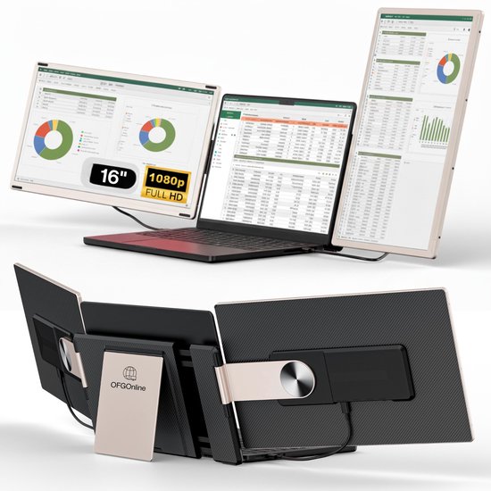 Portable Monitor 16" Inch Tri Screen - Geschikt voor laptops van 13" t/m 17.3" Inch - Gratis Reistas - Laptop scherm extender - Draagbare monitor - 16 inch monitor