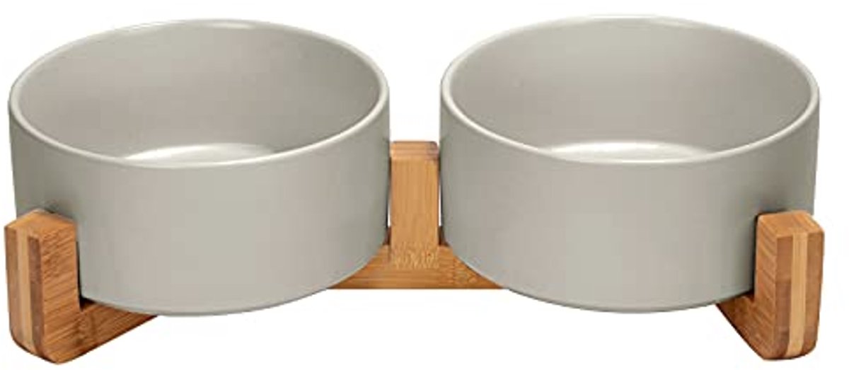 Dubbele keramische hondenbak met bamboe standaard voor katten en honden - 850ml