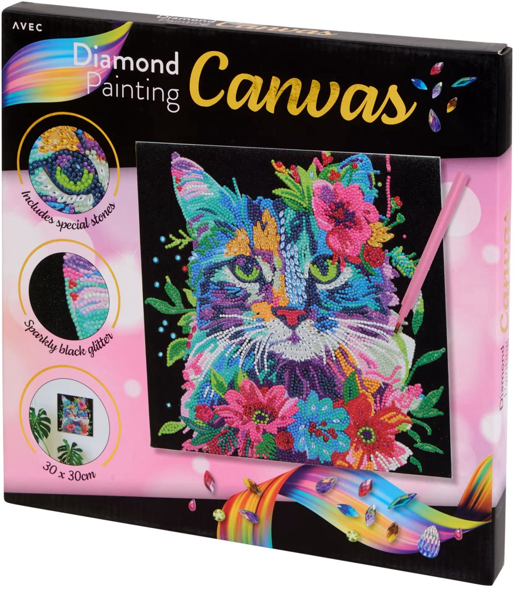 Avec | Diamond painting canvas | Diamond Painting Canvas – Kat , Poes , katje met Bloem | Kat Portret met Bloemen| Inclusief Glitterstenen & Accessoires | 30x30 cm