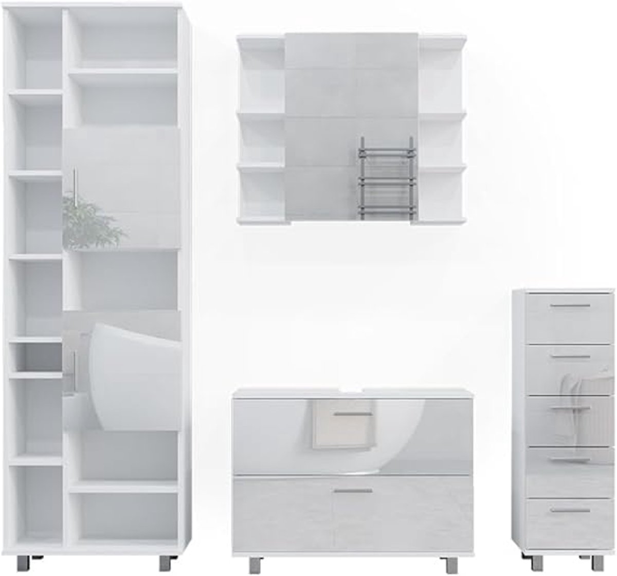 Luxe Badkamermeubelset Ilias Wit Hoogglans – Complete 4-Delige Badkamerkast Set met Spiegelkast, Wasbakmeubel & Opbergkasten – Moderne Badkamermeubels met Voeten & Soft-Close Deuren