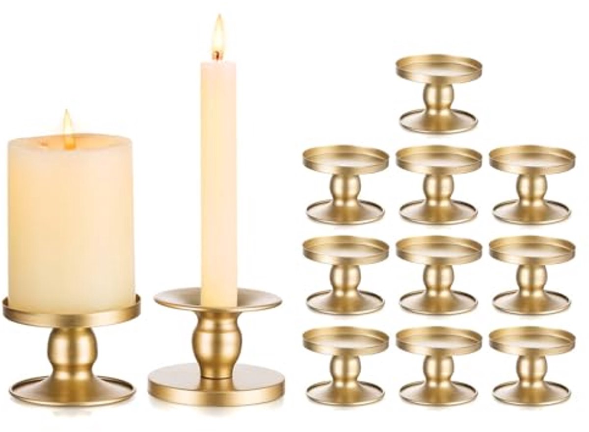 Set van 12 gouden metalen kandelaars voor staafkaarsen - Vintage decoratie voor bruiloften en kerstmis