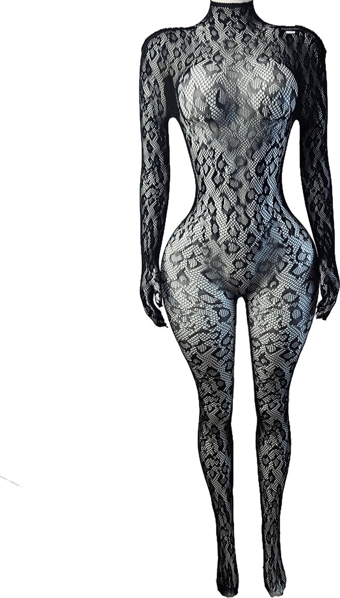 BamBella ® - Panty pak -Onesize - body suit - Dames - Onesize - Erotische jumpsuit van kant lingerie Zwart met handschoenen lange mouwen panterprint