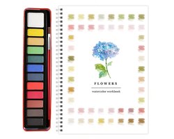 Omslag van Beginners aquarelset - 12 verven + penselen - Aquarelkunstwerkboek - Speciaal aquarelkleurboek - Bloemen