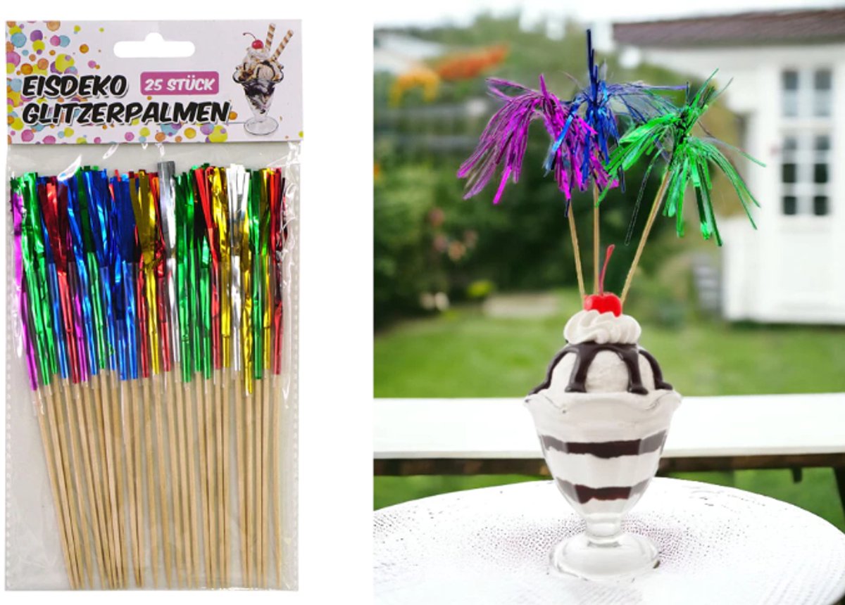 IJsdecoratie Glittervlag - Set van 25 stuks - 16 cm - 6 Kleuren - Vlaggetjes voor dessert - Prikkers voor Cake, Cupcakes of IJs - Glittervlaggetjes - Taarttopper