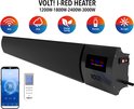 Zwarte infrarood heater met digitaal display, afstandsbediening en app-weergave.