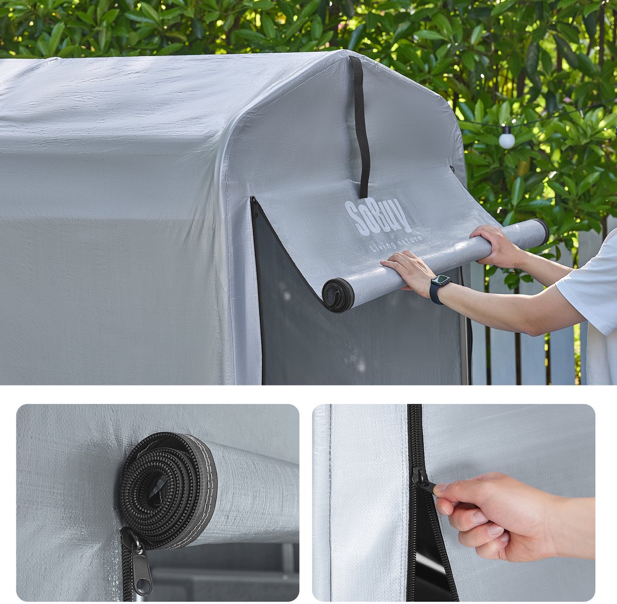 Outsunny 3 X 6 M Waterdichte Tuinschuur Met UV-bestendig Kunststof Zeil En Metalen Frame Lichtgrijs~1ta6vbdepto01