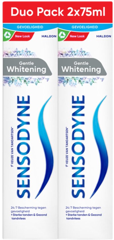 Sensodyne Duo Pack 2x75ml Gentle Whitening tandpasta met blauwe golf en witte letters, met "New Look" en "Gevoeligheid".