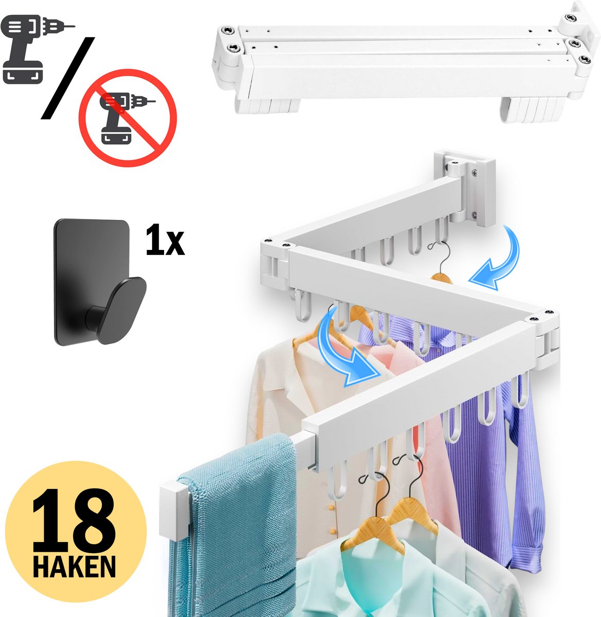 PLAY IT Wanddroogrek 127cm Inklapbaar 18 Haken Wit - Wasrek/Droogrek Hangend + 1 Handdoek Haakje