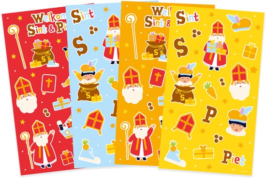 Vier stickervellen met Sinterklaas, Piet, cadeaus, pepernoten en de tekst "Welkom Sint & Piet".