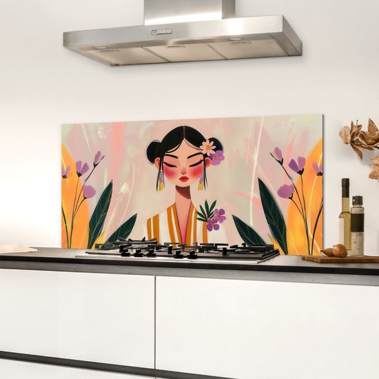 Spatscherm keuken 80x40 cm - Kookplaat achterwand Vrouw - Bloemen - Pastel - Muurbeschermer - Spatwand fornuis - Hoogwaardig aluminium