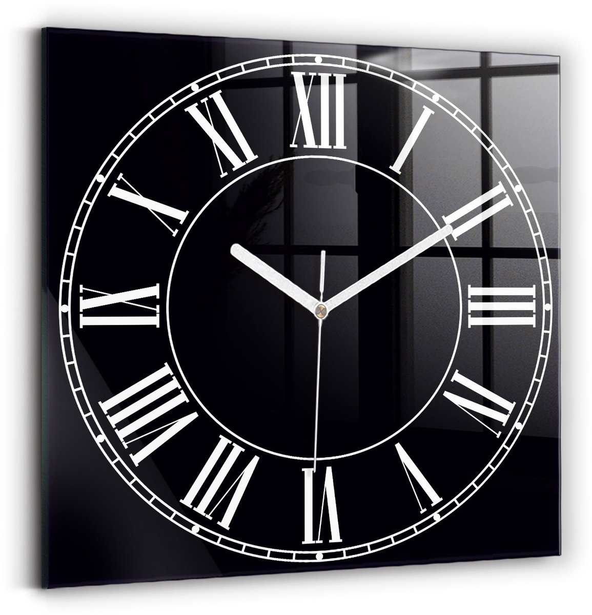 Wallfluent Wandklok - Zwarte Romeinse cijfers Klok met Print - 30 cm x 30 cm - Zwart Wandklok - Witte Handen - Wandklok zonder cijfers - Wandklok Glas Woonkamer - Klok met Afbeelding - Moderne Wandklok - Unieke Wandklok