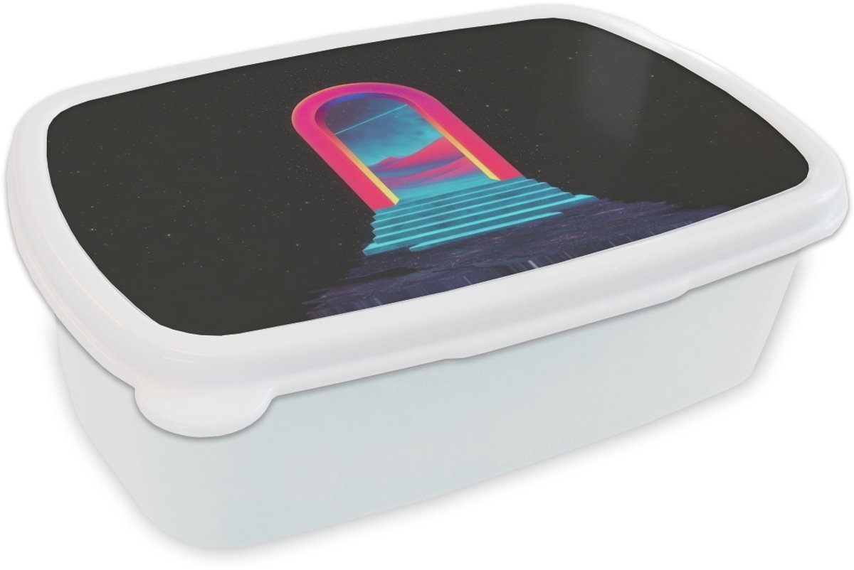 Broodtrommel Wit - Lunchbox Poortje - Landschap - Sterrenhemel - Roze - Brooddoos 18x12x6 cm - Brood lunch box - Broodtrommels voor kinderen en volwassenen