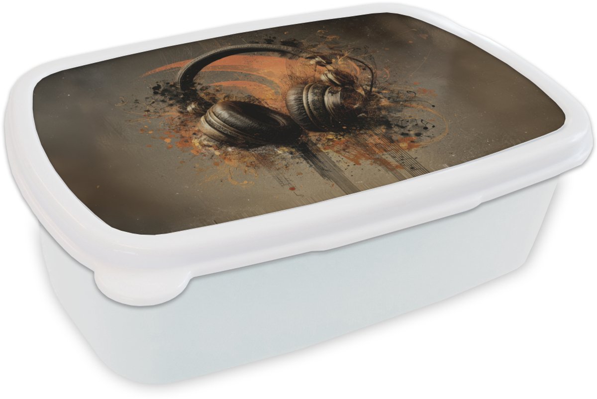 Broodtrommel Wit - Lunchbox Koptelefoon - Bruin - Verf - Vintage - Brooddoos 18x12x6 cm - Brood lunch box - Broodtrommels voor kinderen en volwassenen