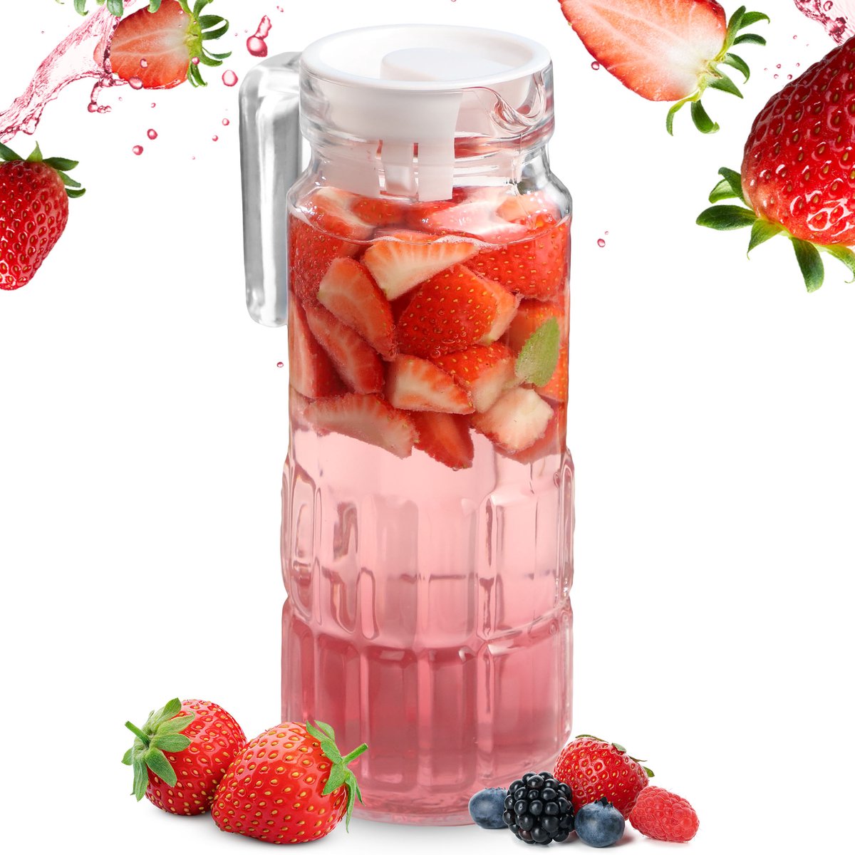 Waterkaraf, 24 x 12 x 9 cm - glazen karaf met kunststof deksel, 1L glazen kan met stevige handgreep - glazen kan voor water, limonade, ijsthee, waterkan - Rechthoekig, 1 stuk KADAX