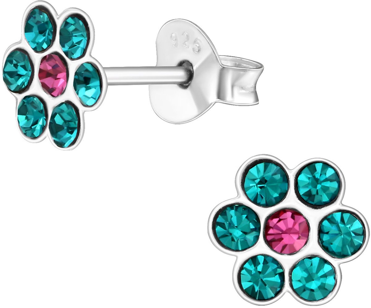 Oorbellen meisje bloem - zilver - turquoise - roze - glinster