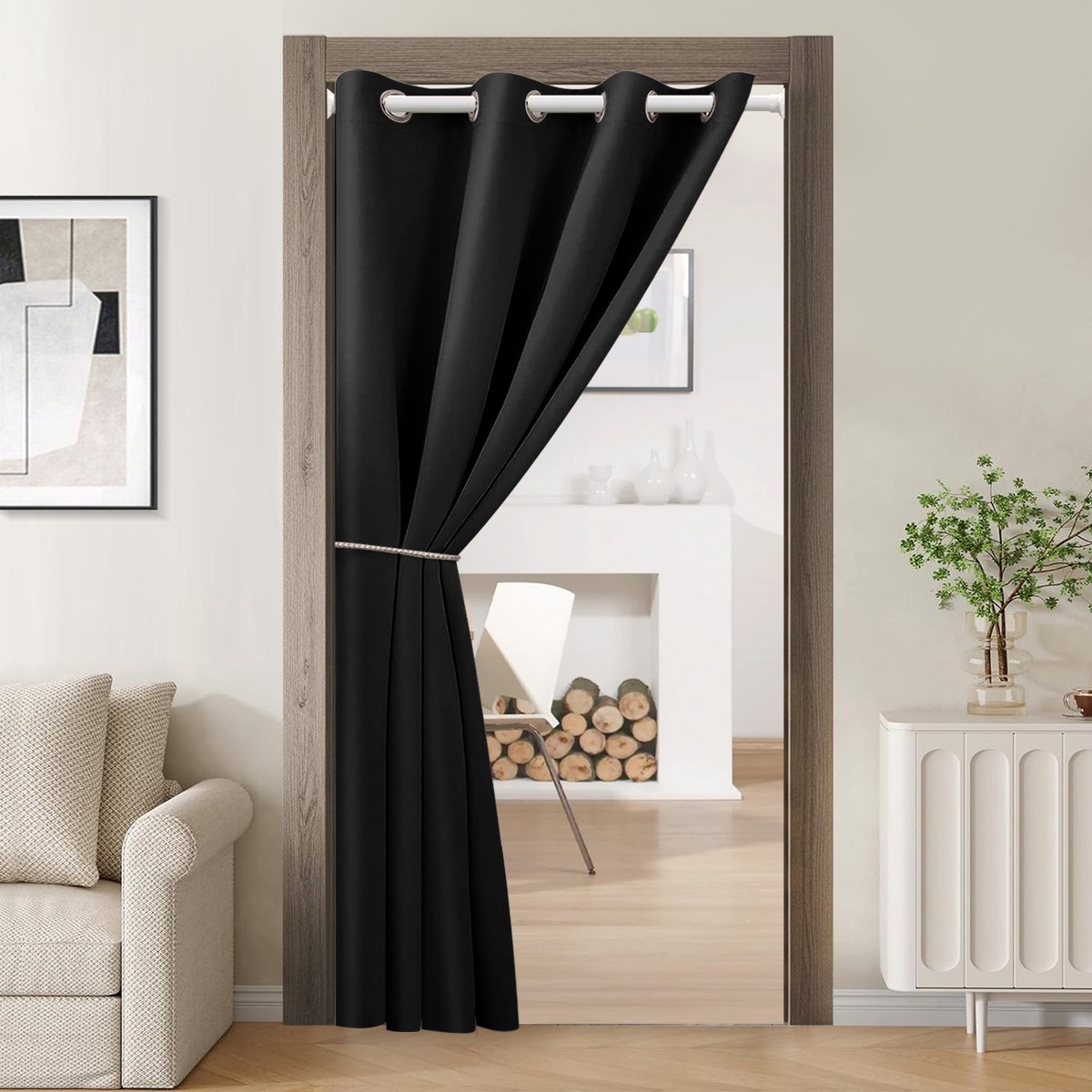 Qelus Panelen Verduisterend Gordijn - Verduisterend Deurgordijn met Ringen - Totale Privacy, Hittewerend & Geluiddicht -Voor Woonkamer & Slaapkamer - B132 x H244cm -1 stuk (Zwart)