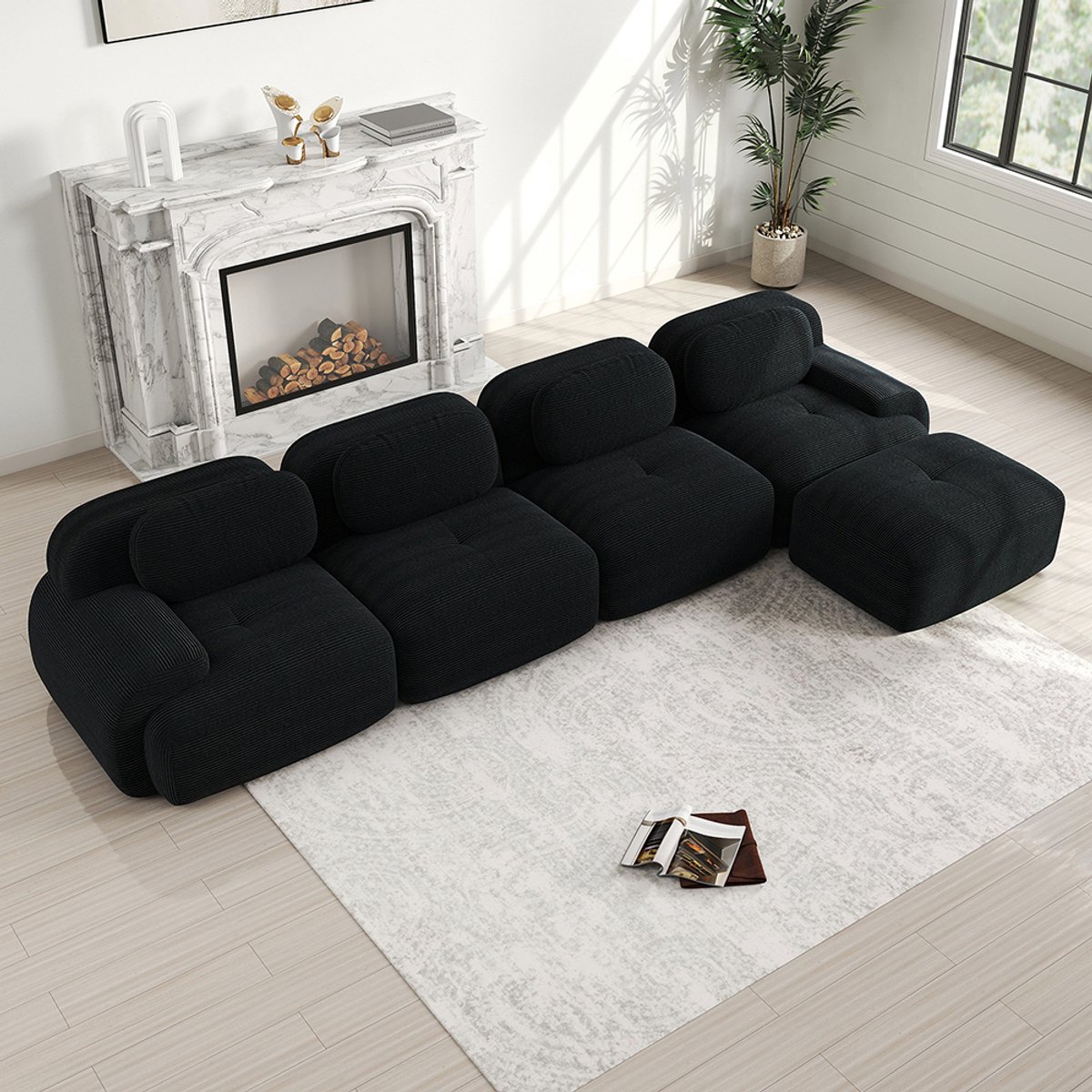 Pugsdrly Hoekbank met 4 zitplaatsen met zeer elastische 32D-vulling, antislip, met chaise longue, extra brede armleuningen, vrij te combineren, zonder montage, voor kantoor, woonkamer en thuisbioscoop, zwart