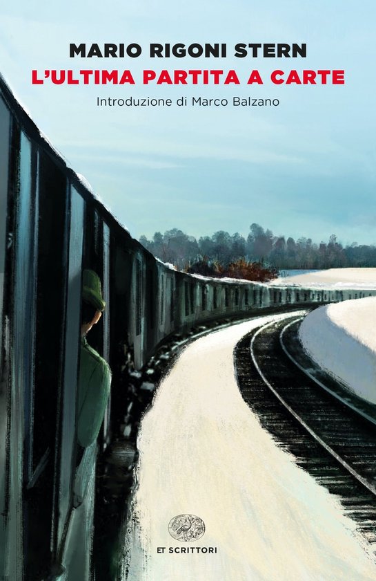 Boekkaft met trein in winterlandschap, titel L'ULTIMA PARTITA A CARTE.