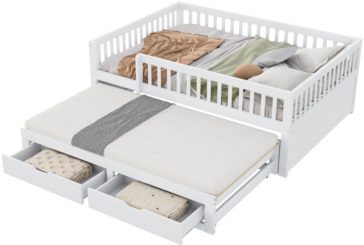 Merax Tweepersoonsbed 140x200 cm met Extra Uitschuifbaar Bed en 2 Opberglades - Massief Houten Kinderbed met Logeerbed 90x190 - Wit