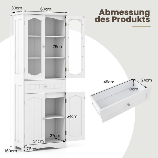 COSTWAY Badkamerkast, hoge badkamerkast met 4 deuren, lade en verstelbare plank, opbergkast voor woonkamer, badkamer, keuken, 60 x 30 x 160 cm (wit)