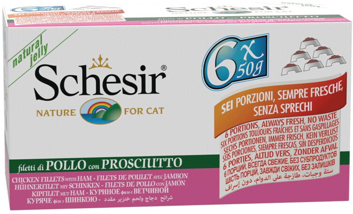 Schesir Kattenvoer Kipfilet – Ham – 8 x 6 x 50 gr – Voordeelverpakking