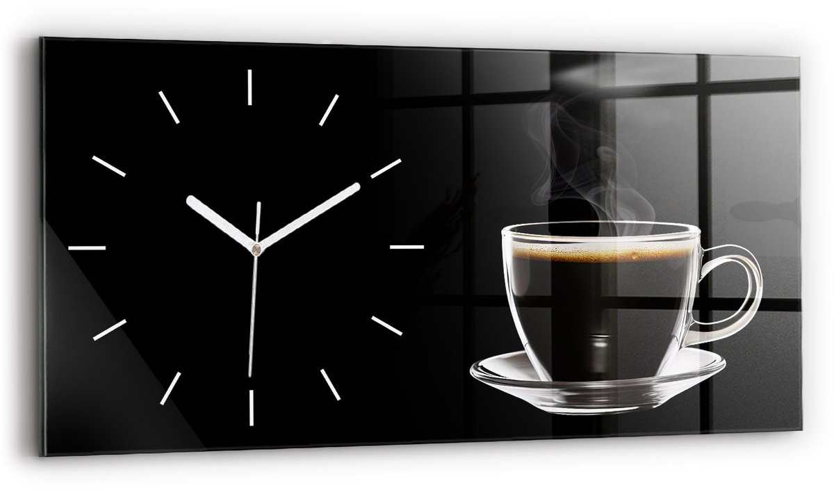 Wallfluent Wandklok - Zwarte koffie Klok met Print - 60 cm x 30 cm - Zwart Wandklok - Witte Handen - Wandklok Zonder Cijfers - Stille Wandklok Slaapkamer - Rechthoekige Glazen Wandklok - Minimalistisch Wandklok - Klok met Afbeelding