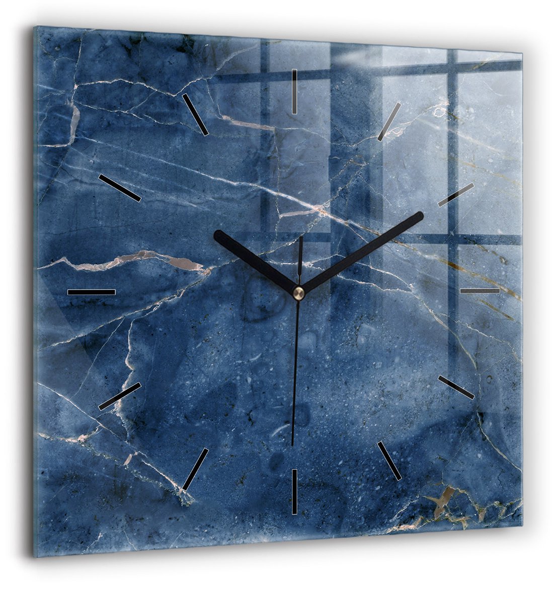 Wallfluent Wandklok - Blauwe marmertextuur Klok als Muurdecoratie - 60 cm x 60 cm - Blauw Wandklok - Zwarte Handen - Wandklok Zonder Cijfers - Kinder Wandklok Glas - Vierkante Glas Klok - Minimalistisch Wandklok - Decoratieve Wandklok