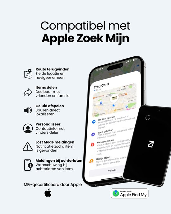 Iphone met Apple 'Zoek Mijn' app en zwarte tracker ernaast.