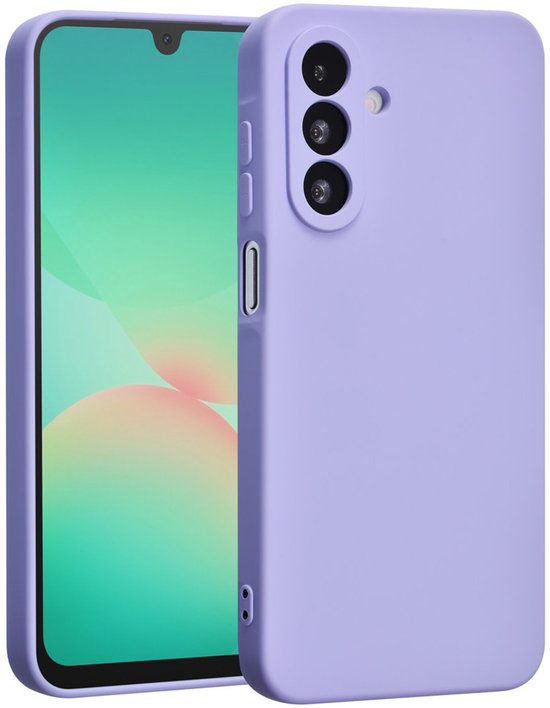 Lila telefoonhoesje met een camera-uitsparing voor drie lenzen, naast een Samsung telefoon.