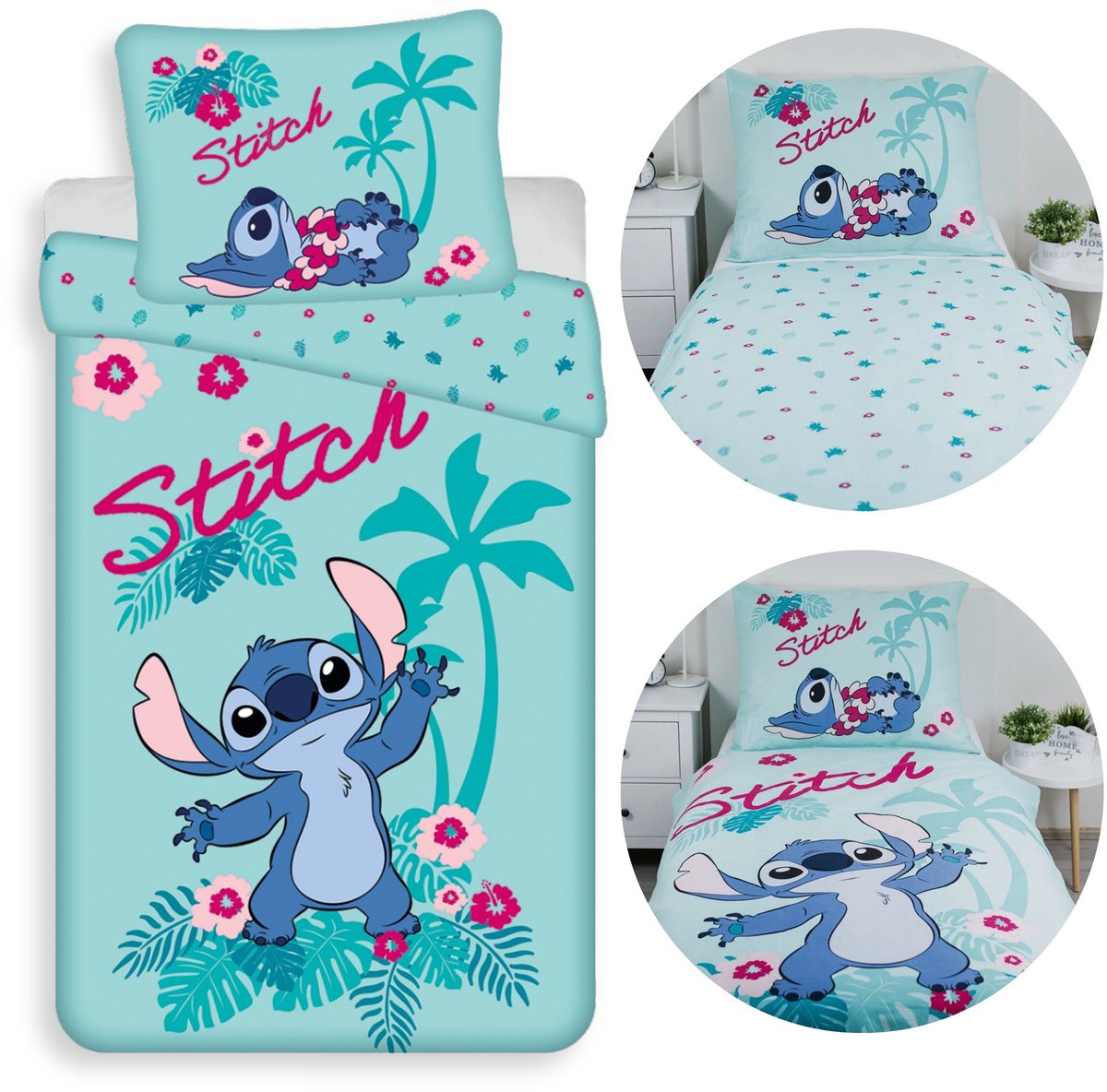 DISNEY Stitch Hawaii DUBBELZIJDIG, katoenen kinderbeddengoed met ritssluiting, 100% KATOEN 140x200+70x90cm OEKO-TEX