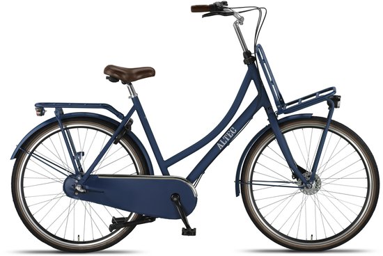 Donkerblauwe Altec transportfiets met bruin zadel en handvatten. Met voordrager en bagagedrager.