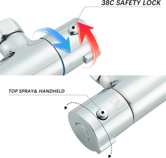 Detail van chromen thermostaatkraan met 38°C veiligheidsvergrendeling en bediening voor hoofddouche en handdouche.