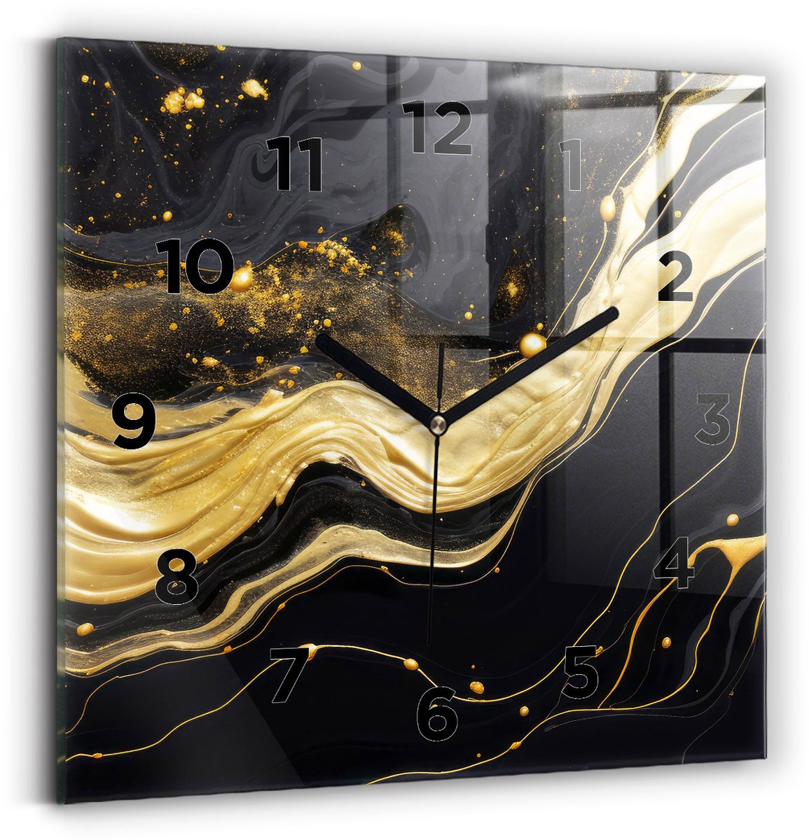 Wallfluent Wandklok - Gouden marmer Decoratieve Wandklok - 30 cm x 30 cm - Gouden Wandklok - Zwarte Handen - Wandklok Met Cijfers - Kinder Wandklok Glas - Vierkante Glazen Klok - Minimalistisch Wandklok - Decoratieve Wandklok