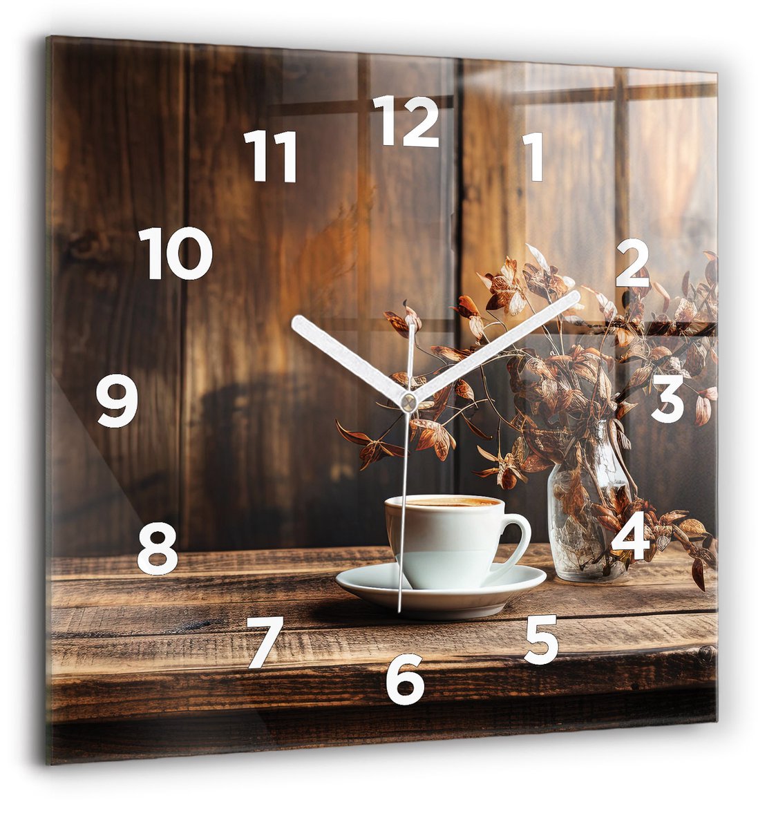 Wallfluent Wandklok - Een kopje koffie Klok als Muurdecoratie - 60 cm x 60 cm - Bruin Wandklok - Witte Handen - Wandklok Met Cijfers - Wandklok Glas Woonkamer - Vierkante Glazen Wandklok - Scandinavisch Wandklok - Klok als Muurdecoratie