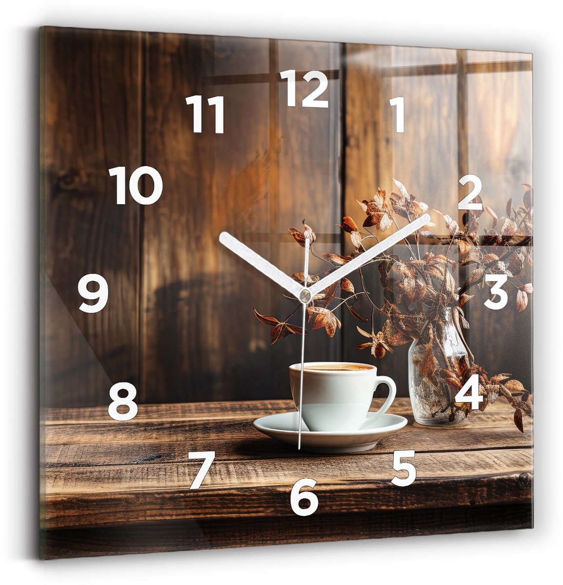 Wallfluent Wandklok - Een kopje koffie Klok met Print - 30 cm x 30 cm - Bruin Wandklok - Witte Handen - Wandklok Met Cijfers - Kinder Wandklok Glas - Vierkante Glazen Wandklok - Scandinavisch Wandklok - Klok met Print