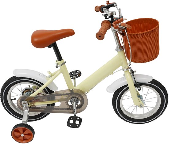 Fetcoi Kinderfiets van 14 inch voor jongens en meisjes, met steunwielen en handrem, wit/rood/blauw/geel, kinderfiets, jongensfiets