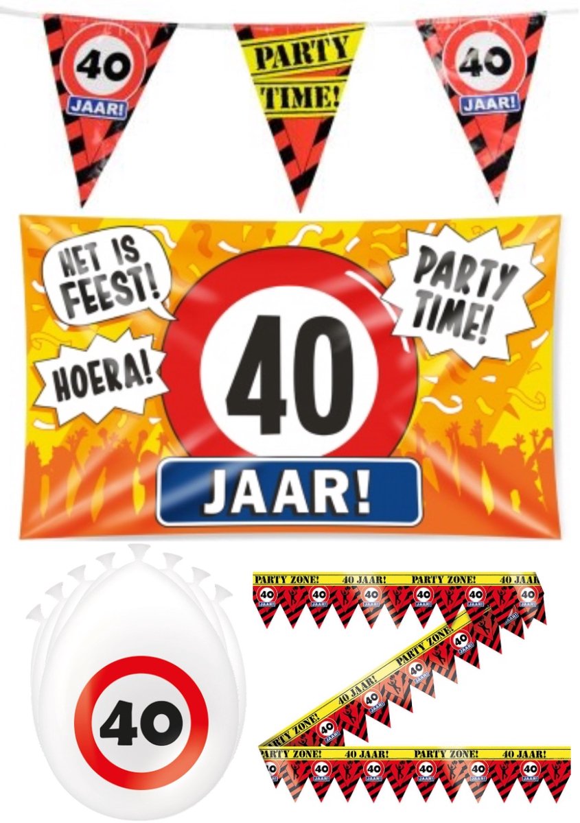 40 jaar versiering pakket - Versiering Verjaardag - Versiering Jaar Verjaardag - Slingers - Gevelvlag- Ballonnen – Afzetlint