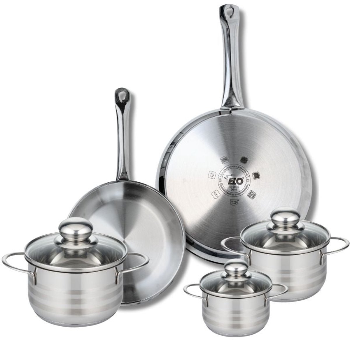 Set van 2 Koekenpannen 24 en 28 cm en 3 kookpotten 12, 14 en 16 cm Elo Profi Brillant