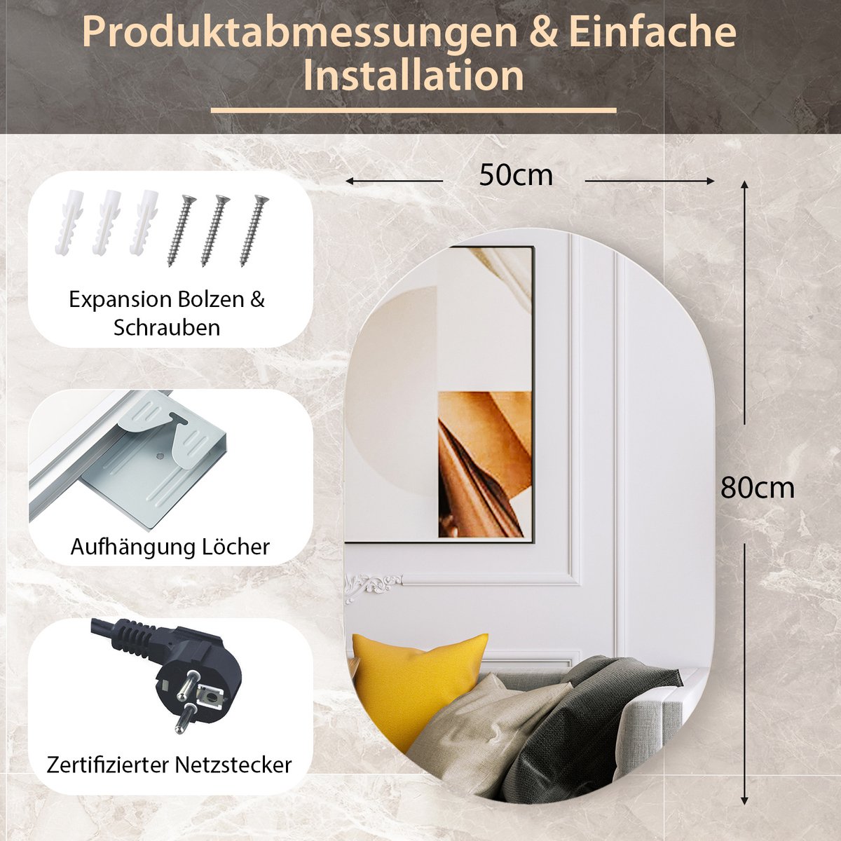 COSTWAY Badkamerspiegel met ledverlichting en anticondens-spiegelverwarming, wandspiegel, dimbaar, 3000-6500 K (70 x 50 cm, golf COSTWAY Badkamerspiegel met ledverlichting en anticondens-spiegelverwarming, wandspiegel, dimbaar, 3000-6500 K (70 x 50 cm, golf