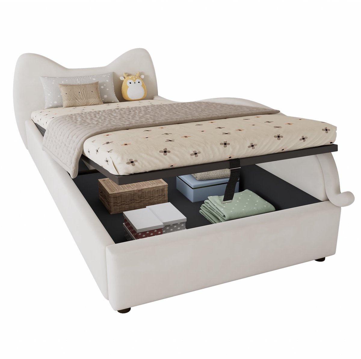 Merax Kinderbed 90x200 – Gestoffeerd Bed met Katten-Design – Hydraulisch Opbergvak met Greep – Stabiele Lattenbodem – Zacht Fluweel – Beige