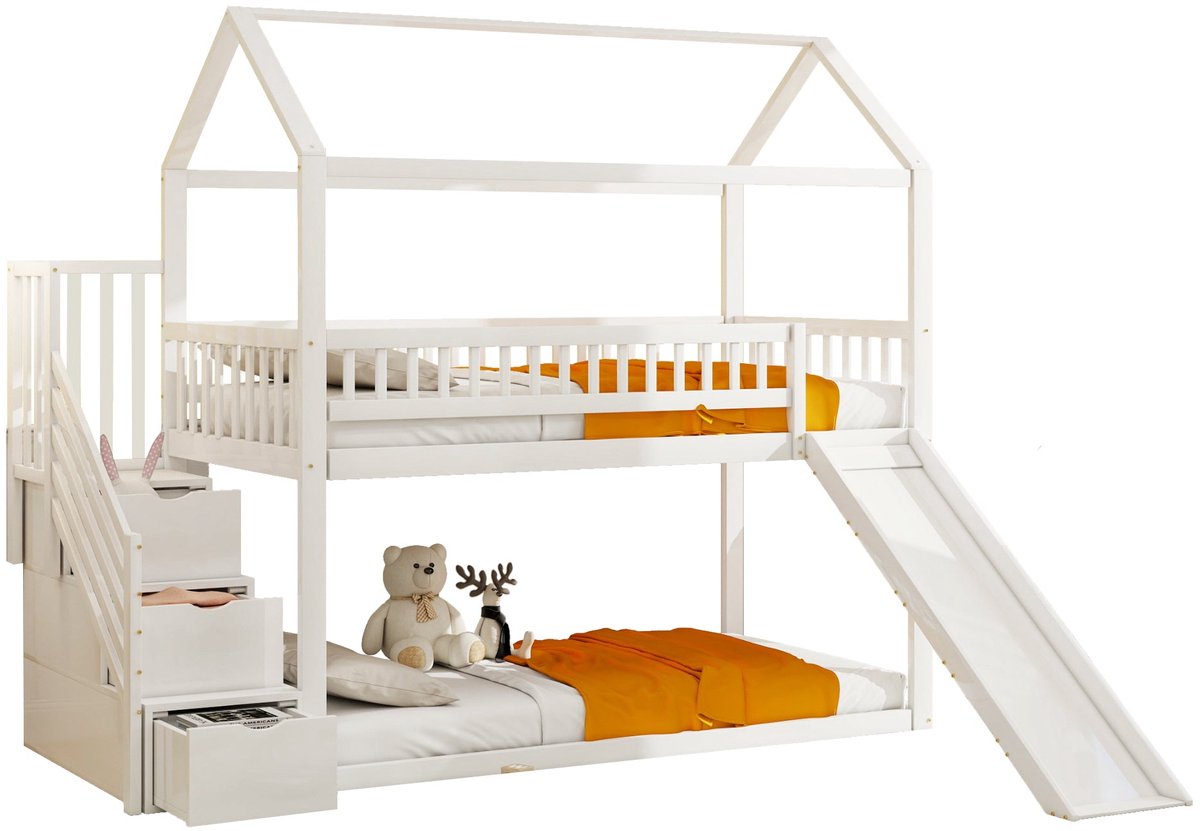 Merax Stapelbed voor Kinderen 90x200 cm - Hoogslaper met Glijbaan en Opbergruimte in Trap - Massief Houten Bed met 1 Lattenbodem - Wit