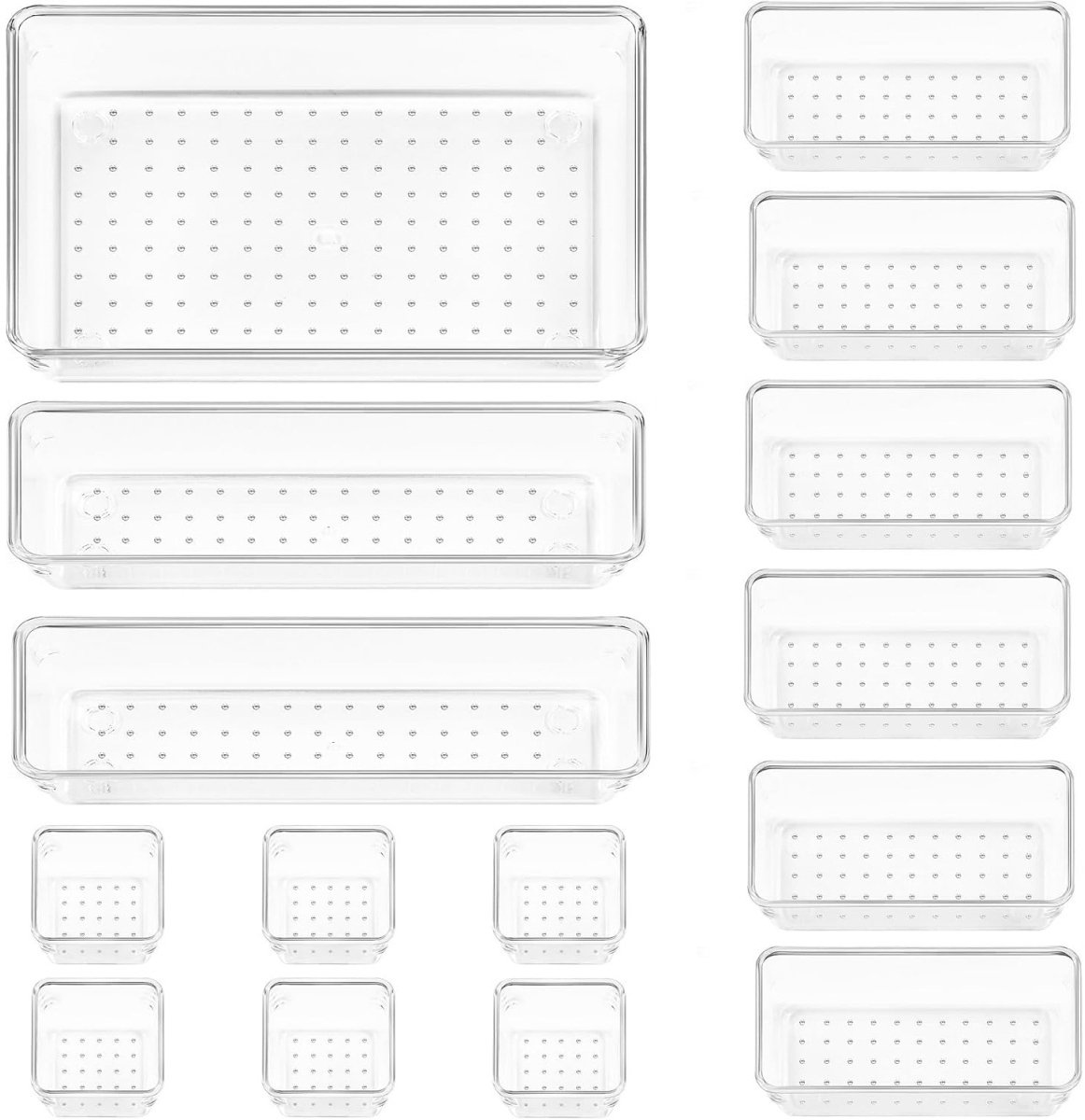 TOVBMUP Lade-organisatiesysteem - Set van 15 stuks - 4 maten - Organisatoren - Doorzichtige plastic lade-organisatoren - Dressoirorganisatoren - Gebruik geschikt voor make-up, keuken, badkamer, kantoor