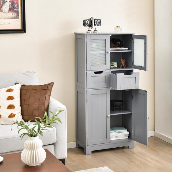 COSTWAY Badkamerkast met 2 laden en 4 deuren, badkamerkast met verstelbare planken, opbergkast voor badkamer, keuken, woonkamer (grijs)